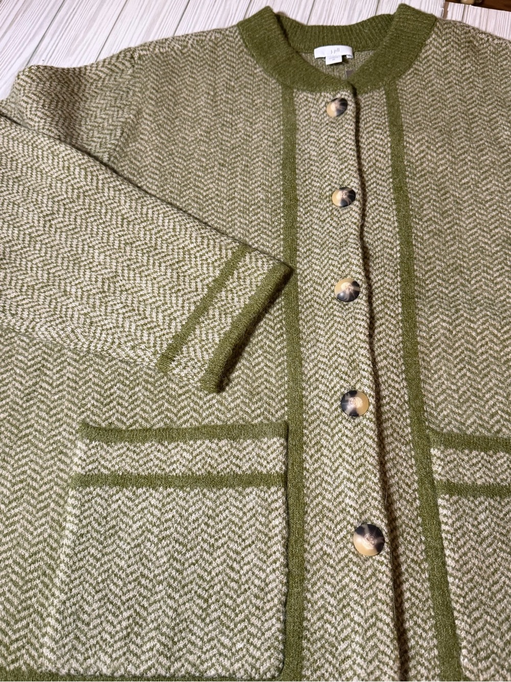 J Jill Cardigan Sweater 2X Green Herringbone Wool Blend Button Front - Picture 7 of 12